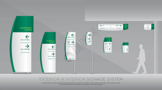 外部和内部标牌系统方向杆壁挂和交通标志系统设计模板集用于标识文本白色和绿色企业标背景图片