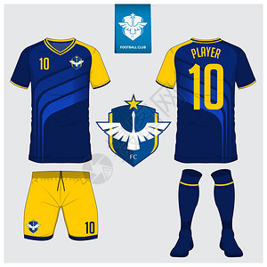 短运动俱乐部的袜子模板设计足球t恤模拟正面和背面视图足球制服蓝色标签上的扁平足球图片