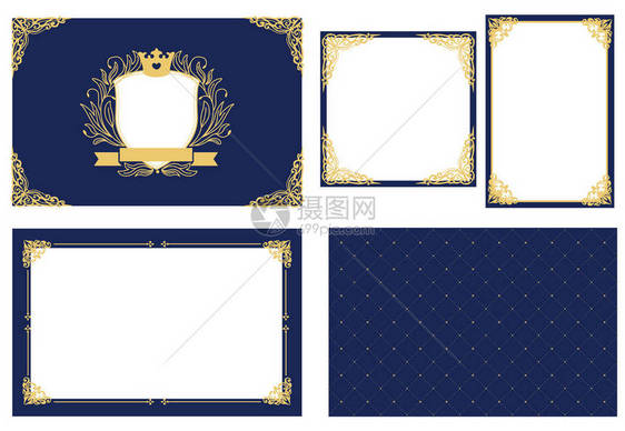 矢量图片框架集深蓝色配装饰角落带皇冠的小王子照片的徽章皇家设计卡婴儿送礼会生日婚图片