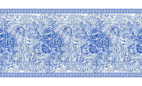 白色和蓝色的俄罗斯传统绘画gzhel风格的水平无缝模式一笔画技术中的花卉蓝图片