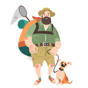带着狗旅行寻找探险的有趣男人白色背景的矢图片