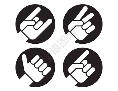 制作经典可识别标志的程式化手的插图包括喇叭标志和平标志竖起大拇指图片