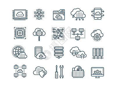 云计算互联网技术在线服务数据信息安全联系细线黑色web图标集大纲图标图片