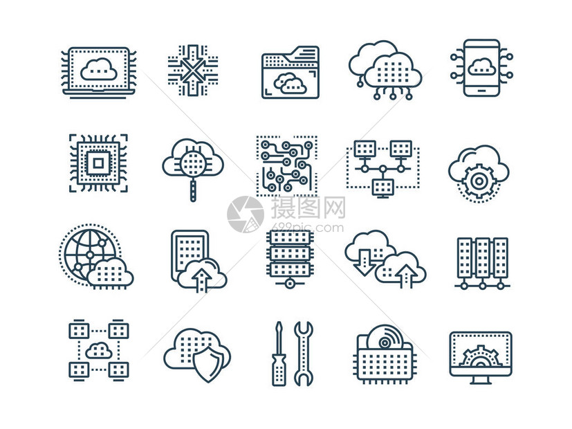云计算互联网技术在线服务数据信息安全联系细线黑色web图标集大纲图标图片