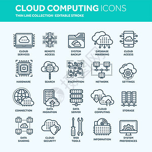 云计算互联网技术在线服务数据信息安全联系细线web图标集大纲图标图片