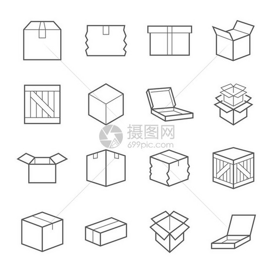 盒子标志各种盒子容器和盒子线图标集矢量图可编辑中风每图片