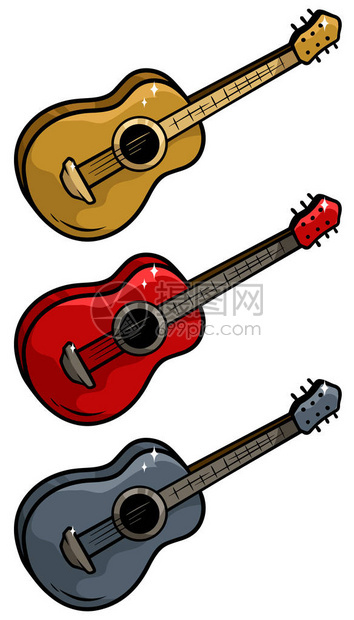 卡通彩色木制音响吉他在白色背景上隔离图片