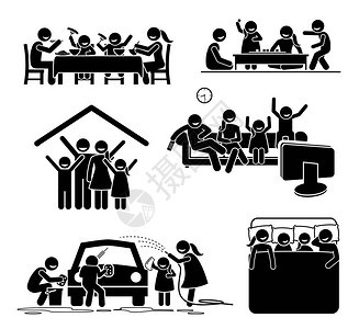 家庭活动时间在家简笔画象形图描绘了一家人在家里吃饭玩棋盘游戏看电视图片