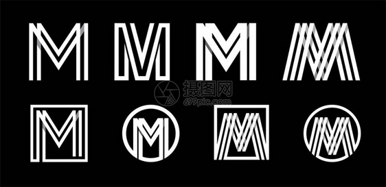 大写字母M用于字母组合徽标志首字母的现代套装由白色条纹组成图片