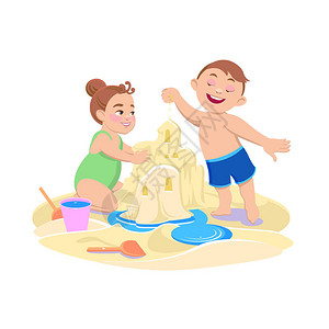 女孩和男孩在海滩的沙滩上玩卡图片