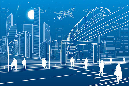 横跨高速公路的单轨电车桥城市基础设施现代城市背景工业建筑人们走路白线插图夜景背景图片