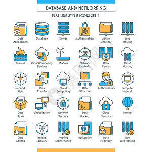 数据库和网络图标集关于主题存储分析组织同步和数据传输的现代图标扁线设计图标背景图片
