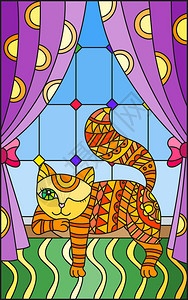 窗台上有一只红猫的彩色玻璃图片