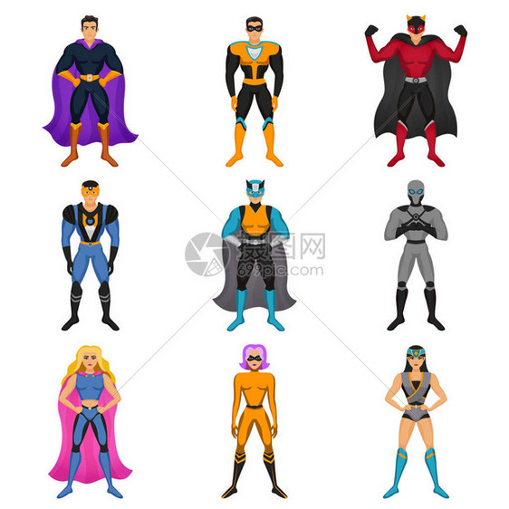 身着超级英雄服装披斗篷和彩色孤立矢量插图蒙面的男女子图片