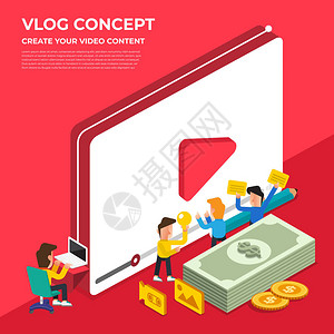 平面设计vlog概念创建视频内容和赚钱图片