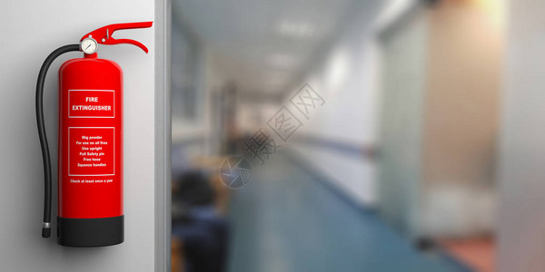 防安全墙上的红色灭器模糊的医院走廊背景文本标签图片