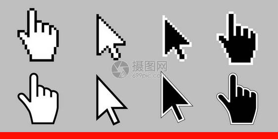白色箭头和指针手形标图集像素和现代版本的标志方向符号和触摸链接并按下钮在灰色背景图片