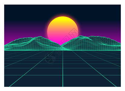 毕业季封面矢量复古未来主义旧Vhs风格景观1980年代风格数字复古景观行星网络表面复古未来游戏或音乐专辑封面80年代复古科幻背景夏插画