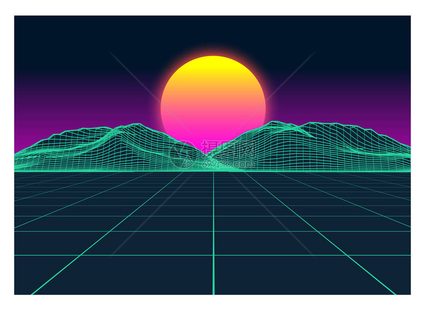 矢量复古未来主义旧Vhs风格景观1980年代风格数字复古景观行星网络表面复古未来游戏或音乐专辑封面80年代复古科幻背景夏图片
