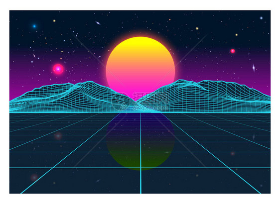 矢量复古未来主义旧Vhs风格景观1980年代风格数字复古景观行星网络表面复古未来游戏或音乐专辑封面80年代复古科幻背景夏图片