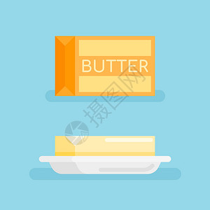 在蓝色背景中隔开的碟子上的一包黄油和黄油平板样式图标图片