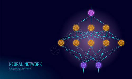 神经网络神经元网络深度学习认知技术概念逻辑人工智能内存处理器数学紫罗兰色霓虹色金黄色发光背景图片