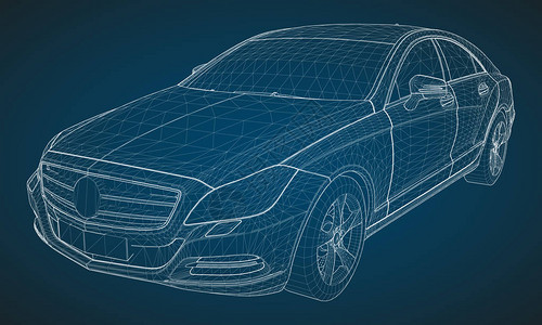 该模型运动高级轿车蓝色背景上的白色多边形三角形网格形图片
