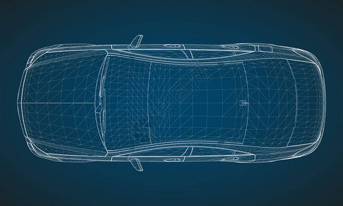 该模型高级轿车蓝色背景上的白色多边形三角形网格形图片