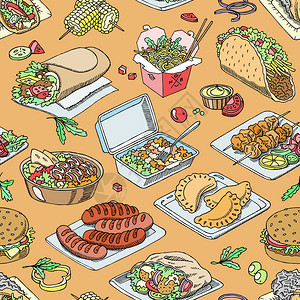 街头食物媒介快餐汉堡或烤香肠和传统烹饪玉米饼或法拉费falafel插图图片
