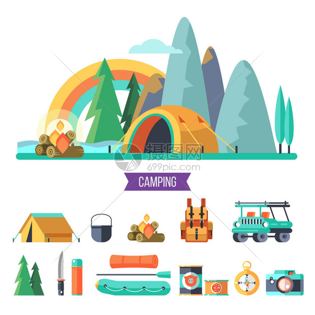 露营矢量插图在大自然帐篷中的暑假一套庞图片