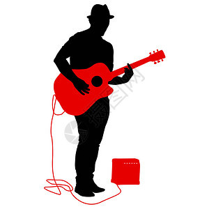 剪影音乐家在白色背景上弹吉他图片