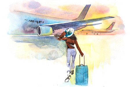 女旅客登机后视图离开机场的图片