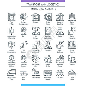 运输和物流图标集关于主题交付包装导航和运输的现代图标细线设计图标图片