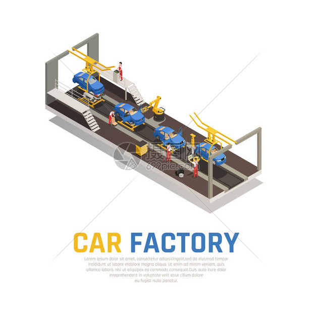 汽车工厂的几何成分装配机器人设备的装配线以及控制过程矢量说明工人单图片