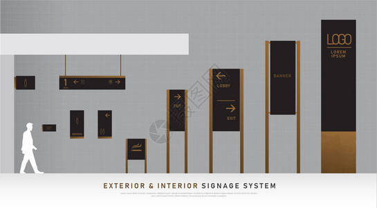 外部和内部标牌木制概念方向杆壁挂和交通标志系统设计模板集用于标识文本黑色和木质企业标背景图片