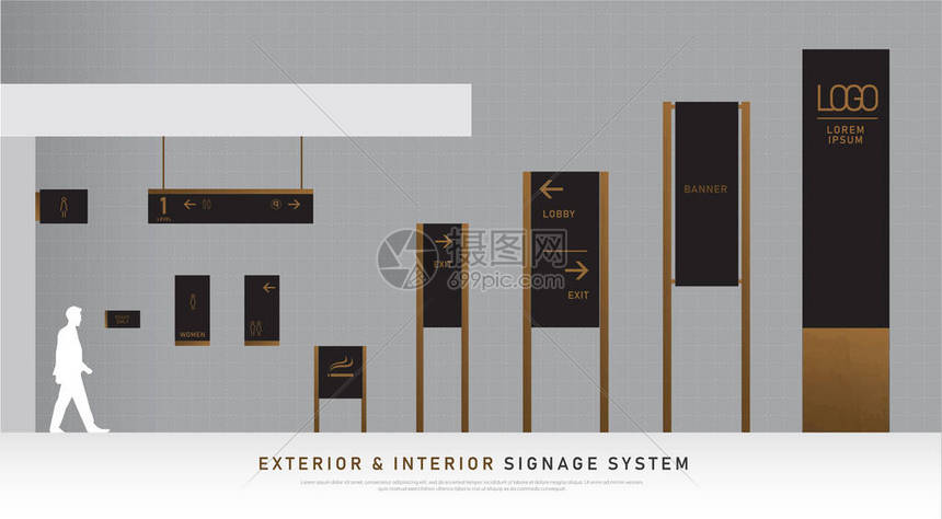 外部和内部标牌木制概念方向杆壁挂和交通标志系统设计模板集用于标识文本黑色和木质企业标图片