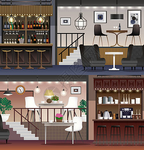 咖啡店餐厅咖啡吧内部逼真的横幅设置与照明酒架家具背景图片