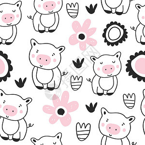 可爱猪是粉红色的无缝模式图片