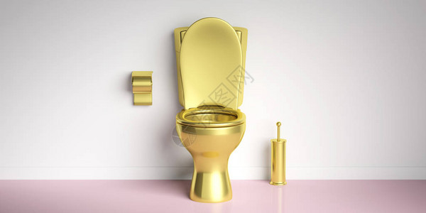 豪华厕所粉红色地板上的金色马桶和礼服白墙背景复制空图片
