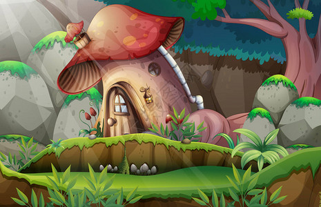 森林插图中的蘑菇屋背景图片