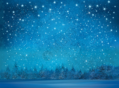 繁星点的夜空和白雪皑的森林背景图片