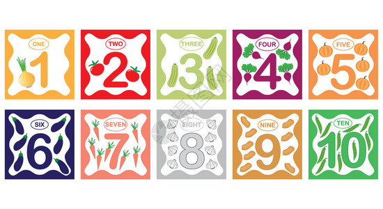 数字带蔬菜的数学1至10码的闪存卡儿童游戏矢图片