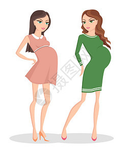 两名身着漂亮裙子为等待女婴穿舒适衣服粉色和橙色皮鞋彩色矢量插图图片