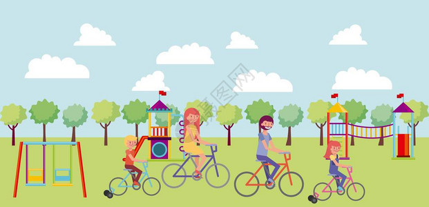 享受户外运动的公园儿童家庭骑自行车玩家用自行车游图片