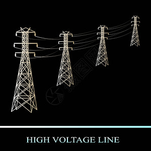高电压线在黑色背景上隔离的电源传输矢图片