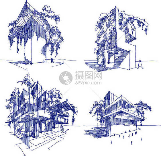 四手绘制了现代建筑的抽象草图图片