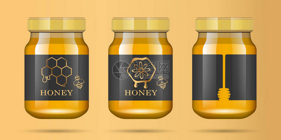 逼真的透明玻璃罐装蜂蜜食物银行蜂蜜包装设计蜂蜜标志用设计标签或徽章模拟玻璃罐优质食图片