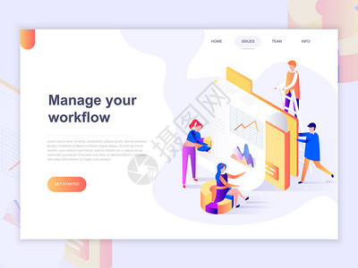 业务和工作流管理的登陆页面模板网站和移动网站页设计的3D等距图片
