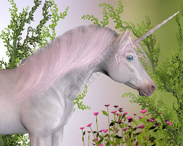 一匹有着粉红色鬃毛的白色魔法独角兽母马站在粉红色的花朵和绿色的图片