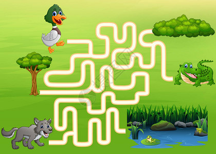 鳄鱼鸭和狼的Maze游戏矢量插图图片